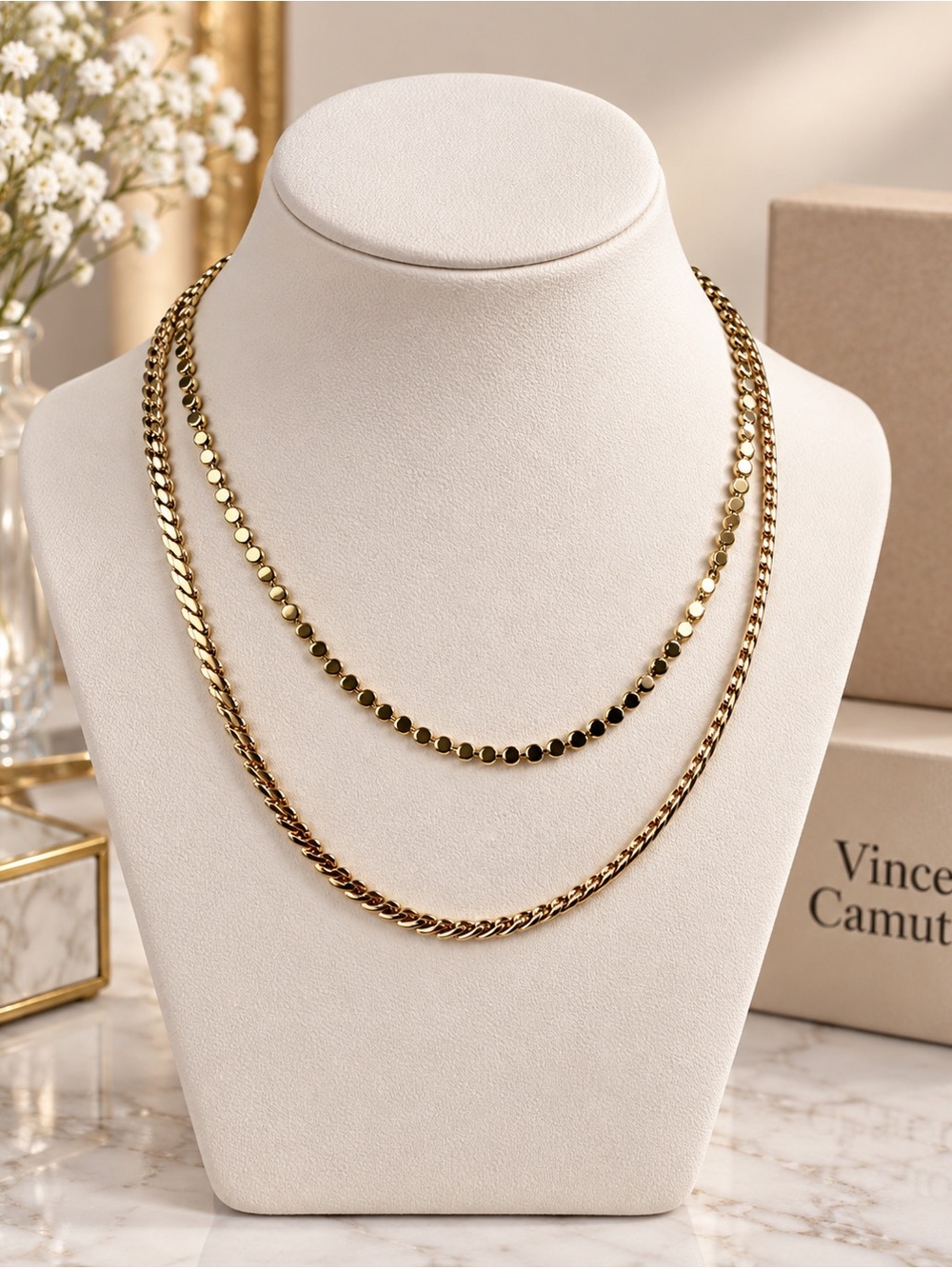 Vince Camuto Gold Tone Layered Chain Necklace Double Strand Adjustable